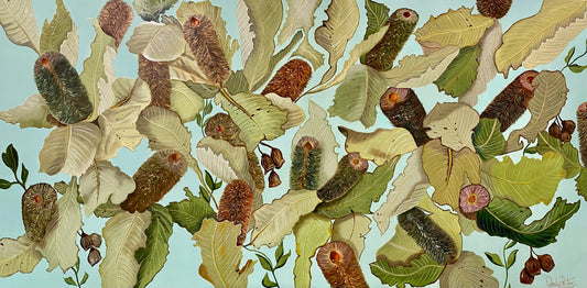 Banskia Robur, by Wendy Peters, Australian Botanical Art. A detailed painting of swamp bankisa and their soft green leaves on a pale blue turquoise background