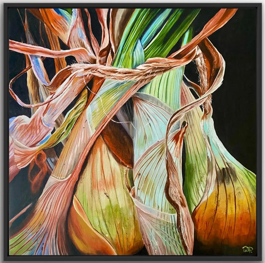 A framed oil painting on linen canvas depicting a bundle of onions with vibrant colors and detailed textures, set against a dark background.