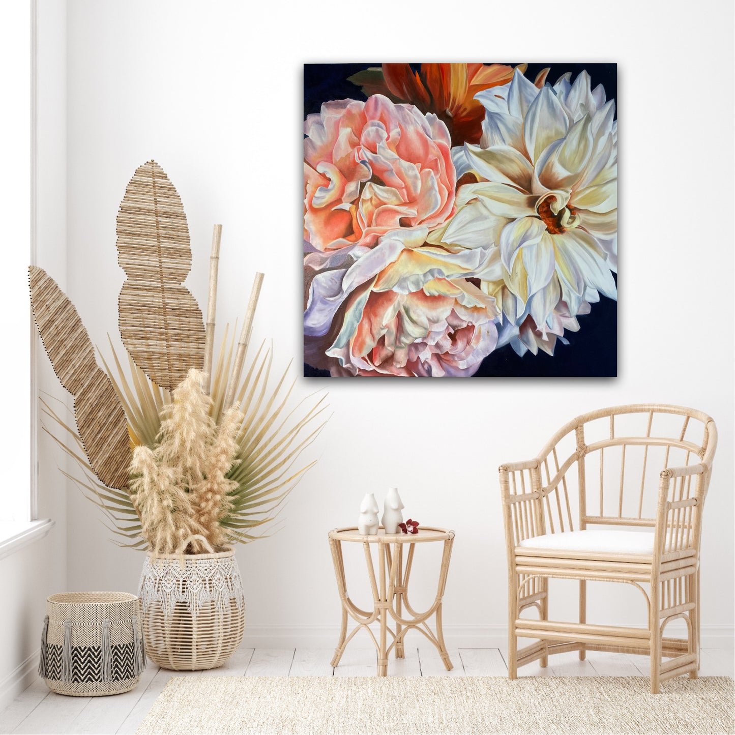 Ltd Ed Print of 3 beautiful flowers close up, a dahlia in white, 2 pink peonies with hints of burnt sienna on a dark background by Wendy Peters