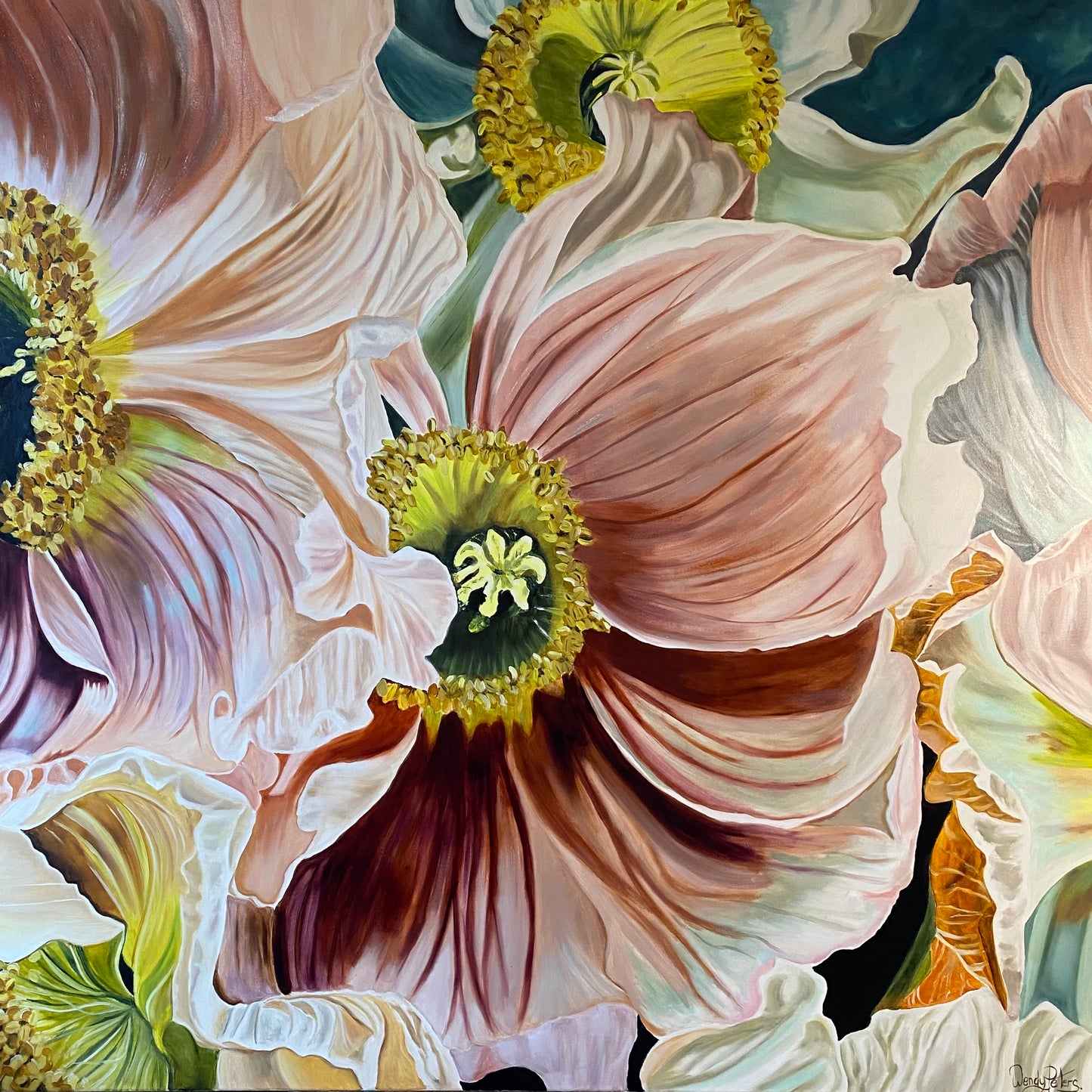 Oil painting of several poppies in rich tones of pink, sienna, and lilac. Focusing on a detailed study of the petals by Wendy Peters