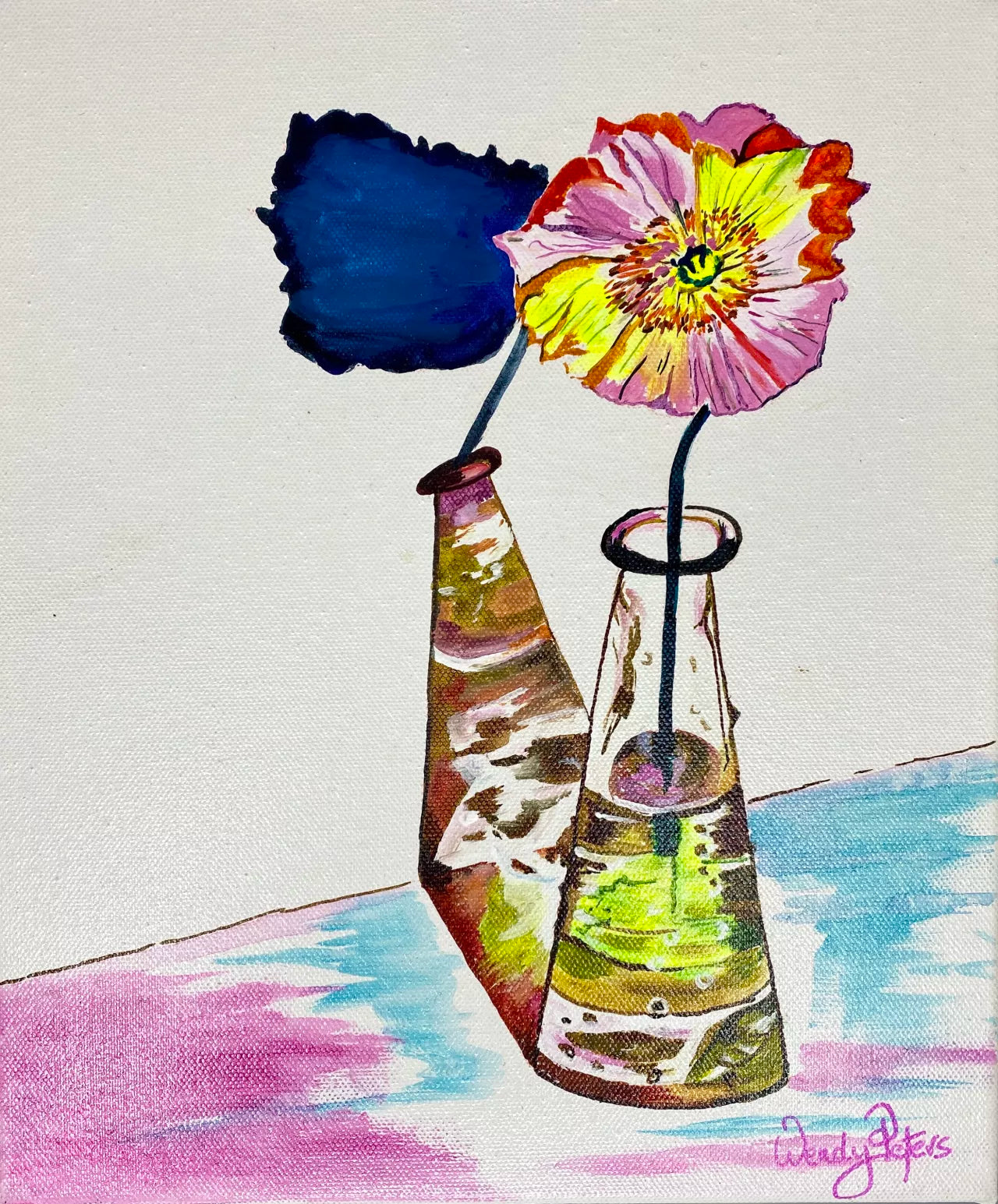 A vibrant painting featuring a glass vase with a single pink and yellow poppy, with multicolored reflections on the wall behind. 