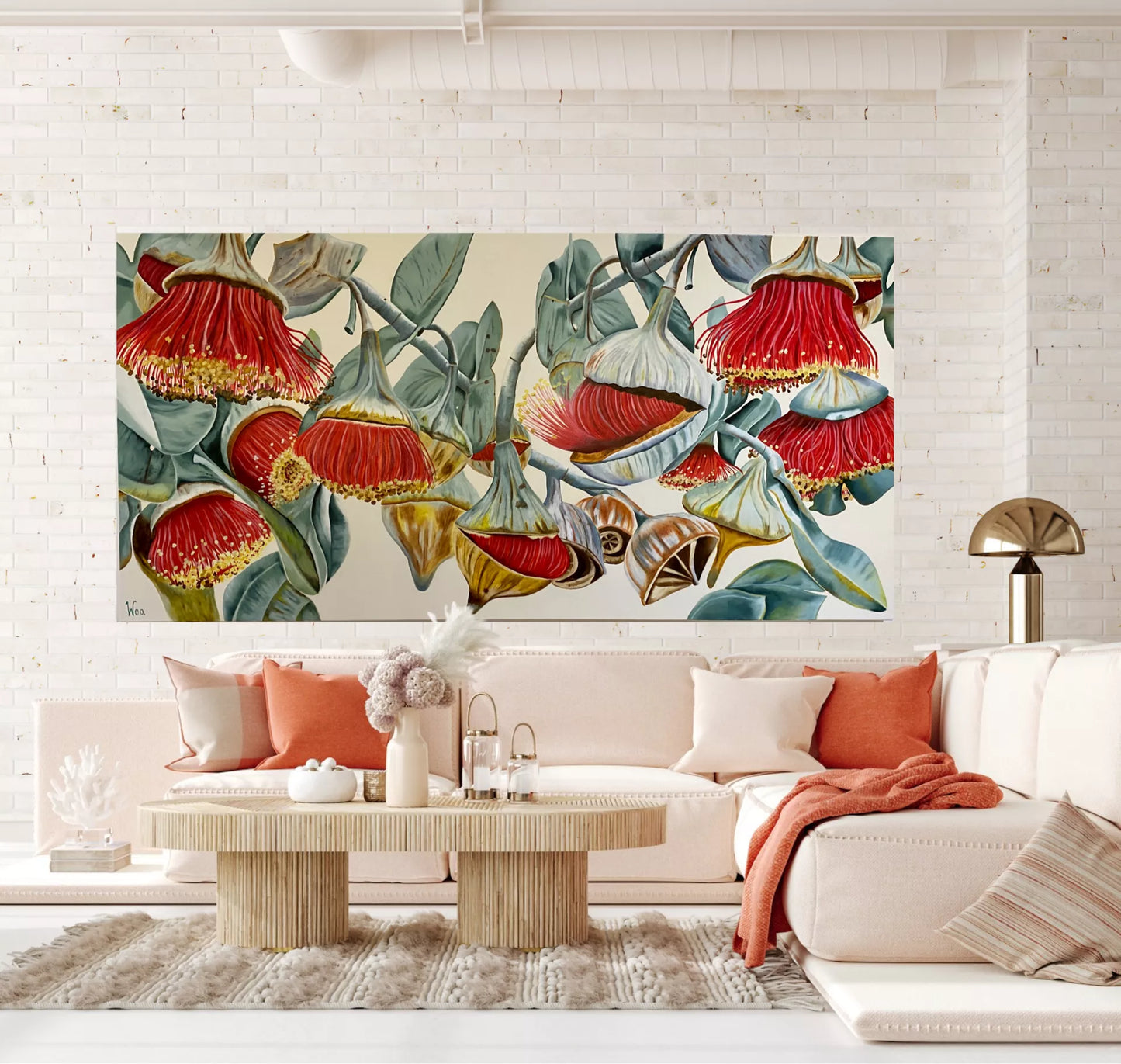 A colourful limited edition print of red gum nut flowers, with blue/grey leaves on a neutral background by Wendy Peters