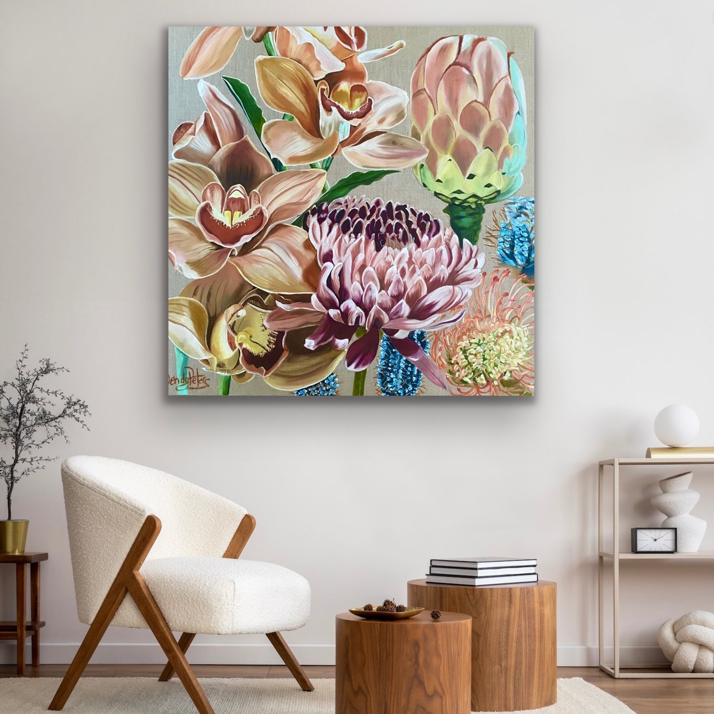 A Ltd Ed Print of orchids and ginger flowers in peach, sienna and turquoise on a neutral background by Wendy Peters
