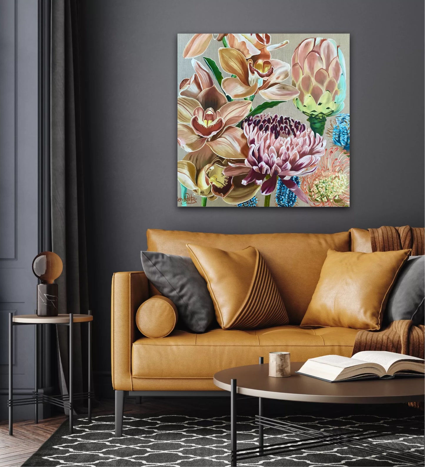 A Ltd Ed Print of orchids and ginger flowers in peach, sienna and turquoise on a neutral background by Wendy Peters