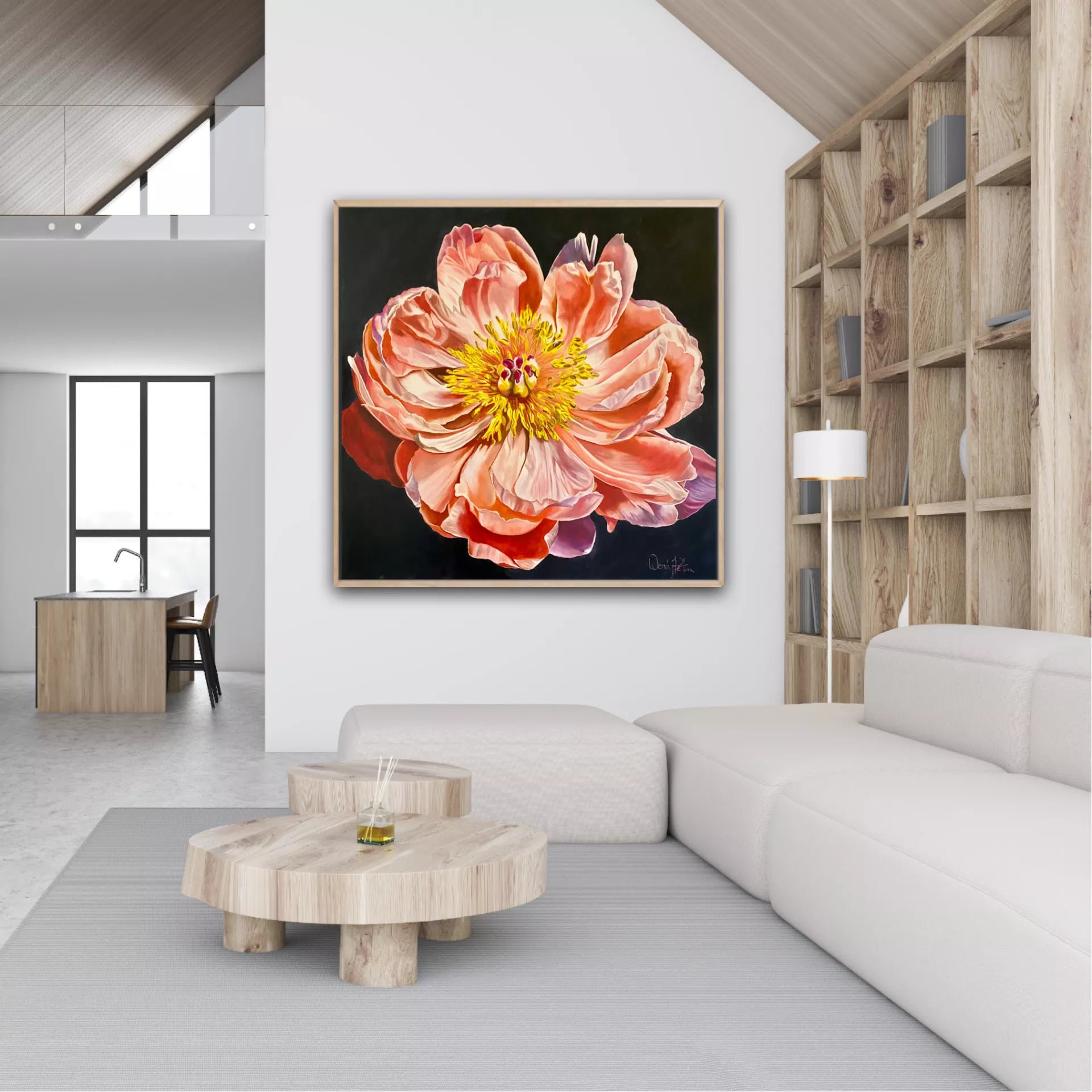 A vibrant limited edition print of a coral charm peony flower with a yellow center, artist signed and titled. by Wendy Peters