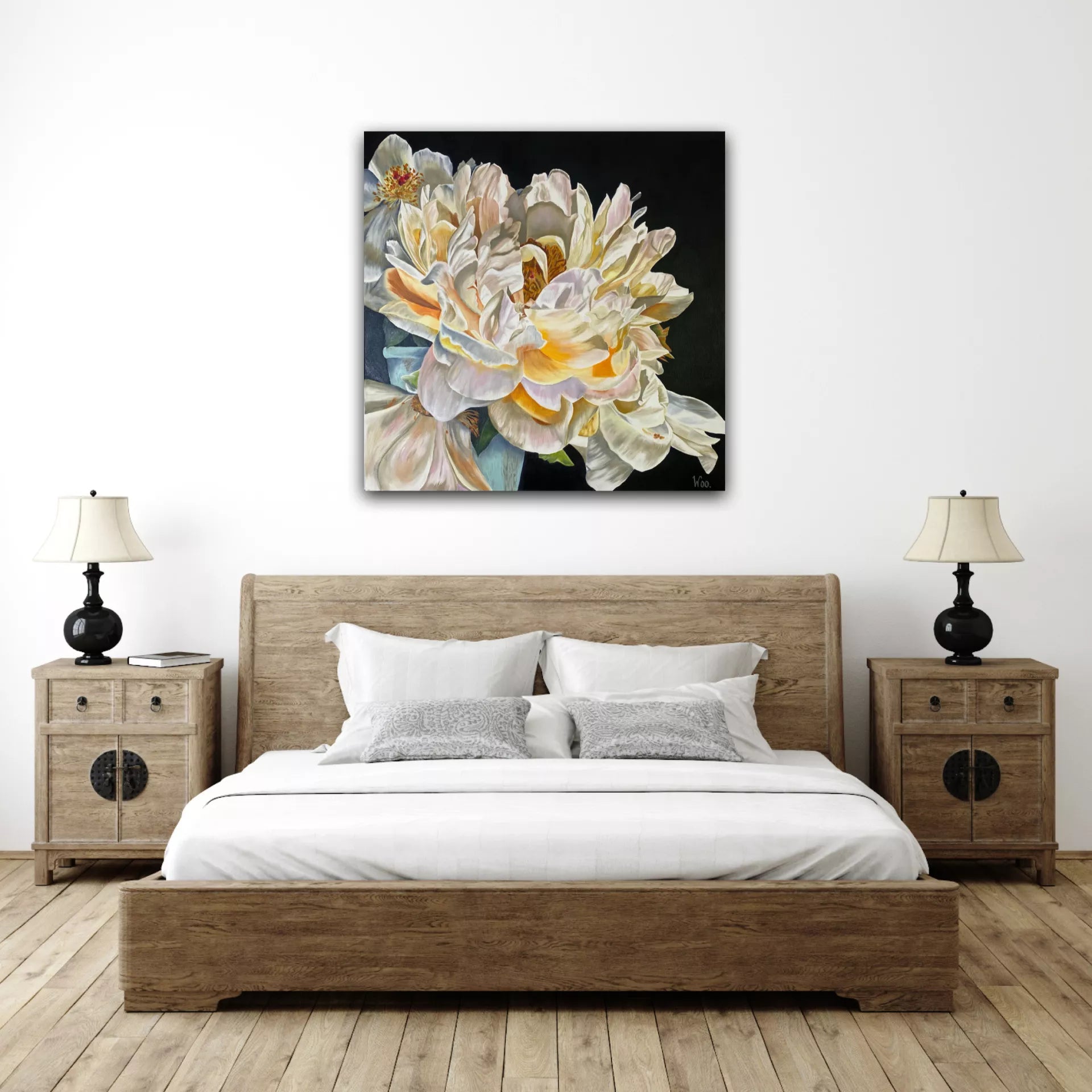 A limited edition print of a floral arrangement featuring a close-up of white and yellow flowers with a dark background. By Wendy Peters