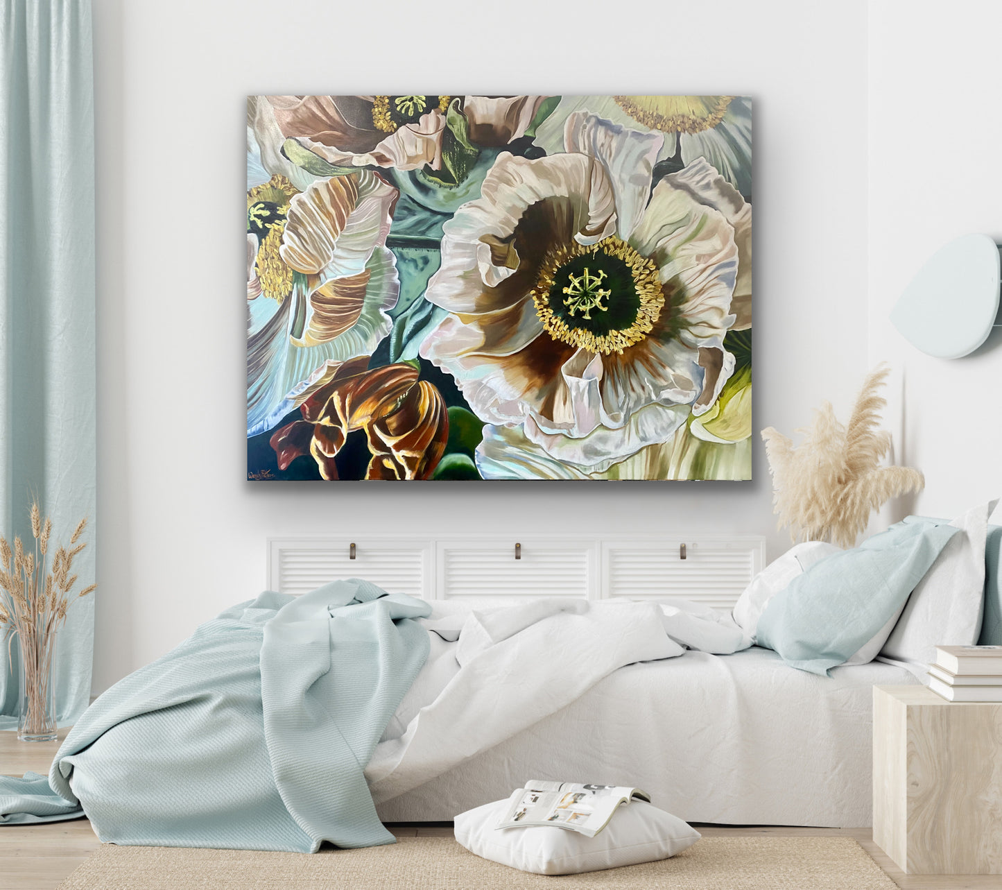 A Limited Edition print close-up of a detailed painting of poppies with a focus on a large, intricate detailed pale pink poppy, hints of turquoise and burnt sienna by Wendy Peters.