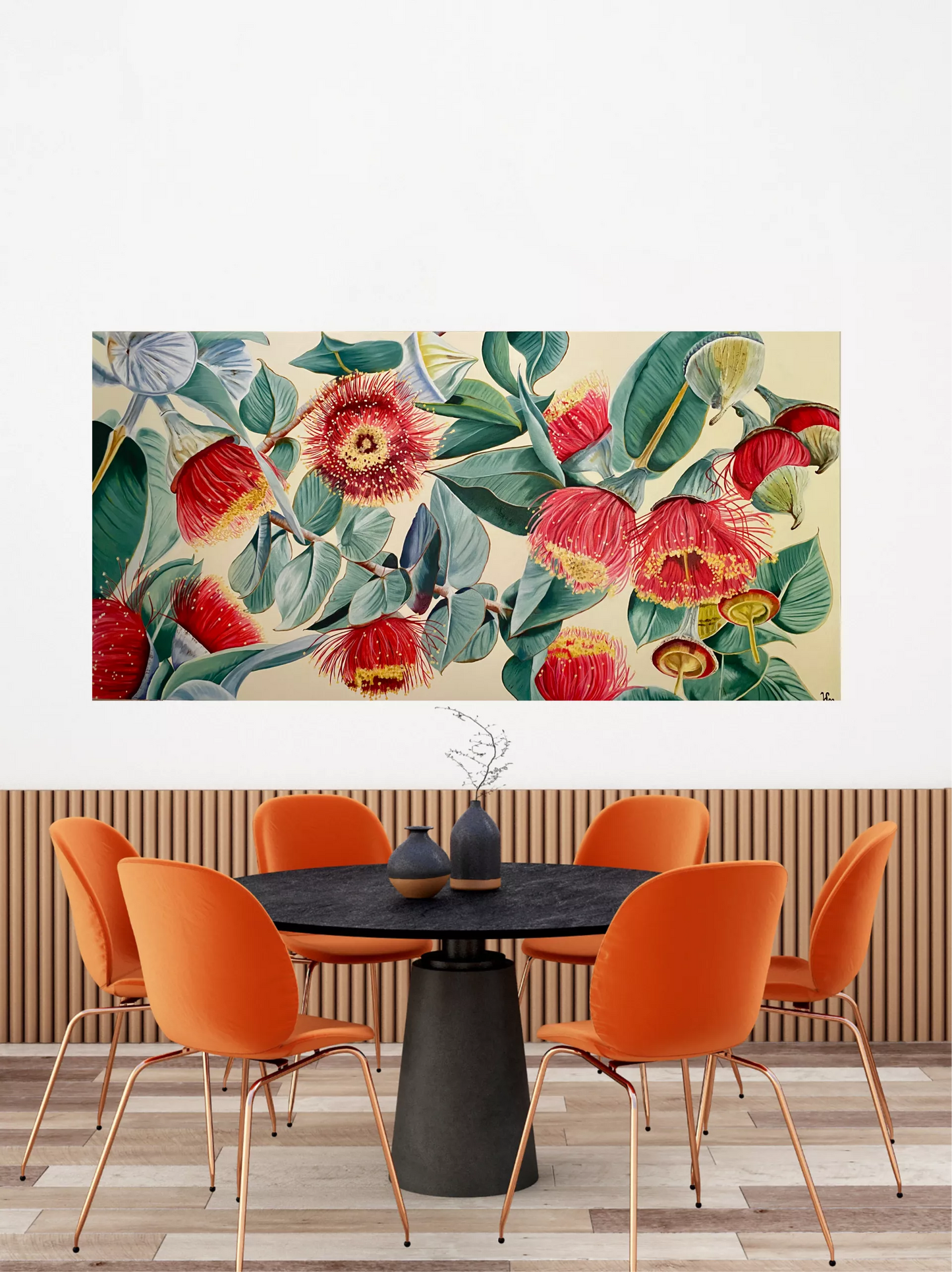Ltd Ed Print of gum nt flowers in red, with blue green leaves on a neutral background