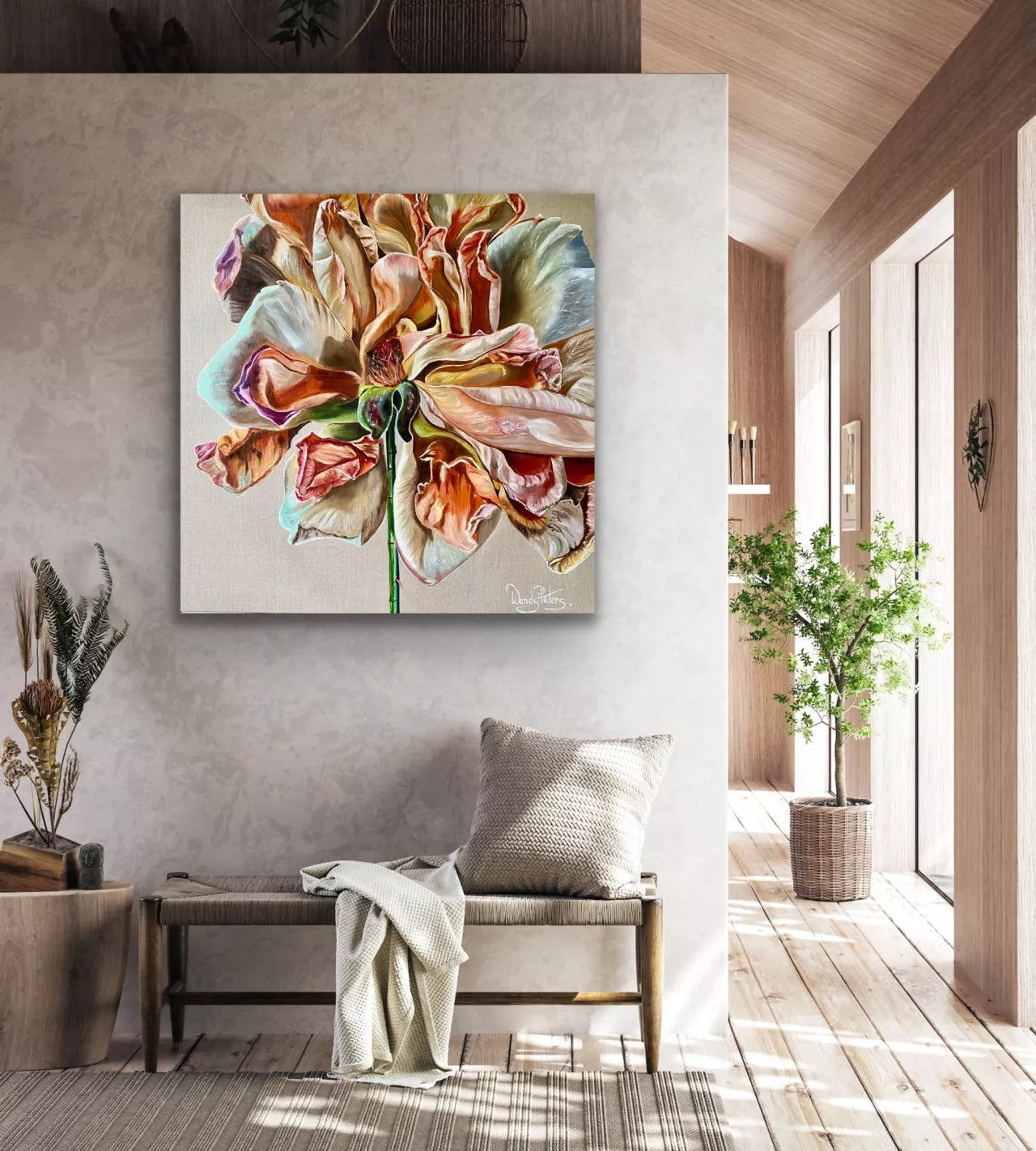 A vibrant limited edition print of a baroque-style rose with multi-colored petals on a canvas background.