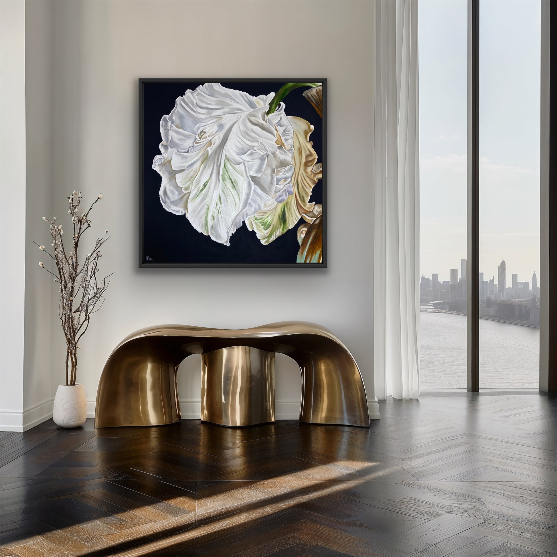 limited edition print depicting a detailed close up of a white tulip on a black background, showcasing the artwork's crisp and clean lines. by Wendy Peters