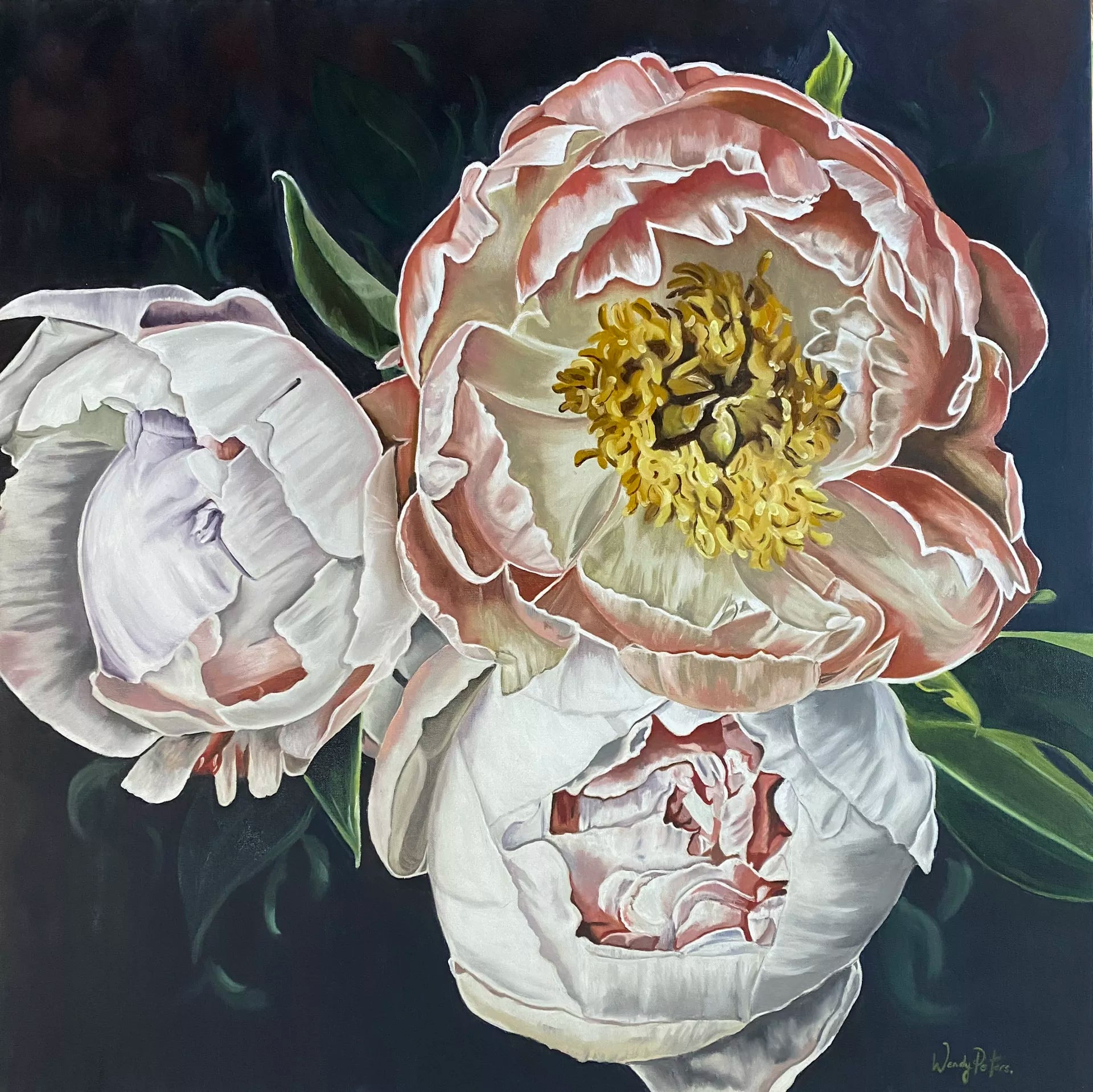 A limited edition print of a floral artwork featuring a close-up of peony flowers with a predominantly white and green color palette. By Wendy Peters