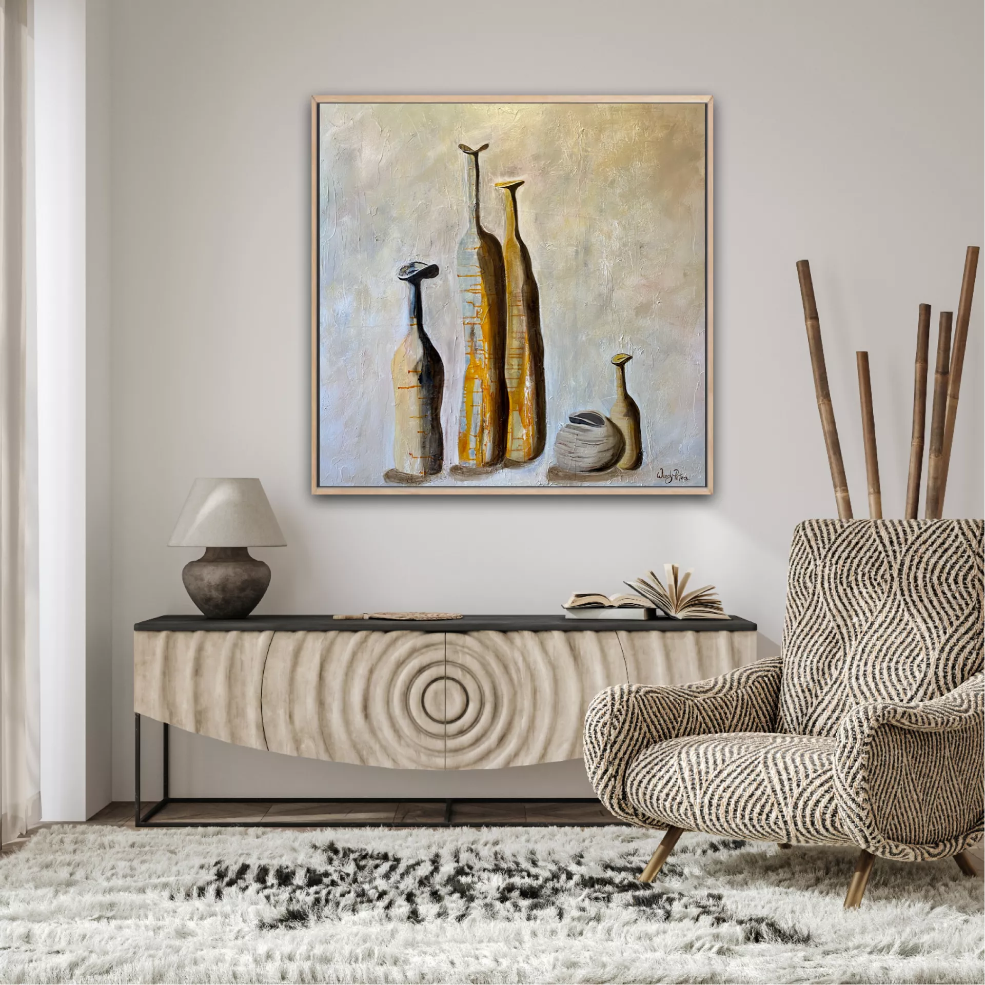 A Ltd Edition print featuring 5 old vases, on a neutral background, with touches of sienna, ochre and grey. By Wendy Peters