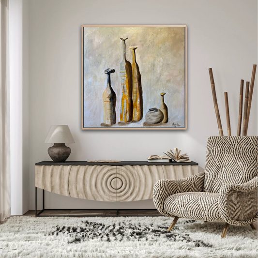 A Ltd Edition print featuring 5 old vases, on a neutral background, with touches of sienna, ochre and grey. By Wendy Peters