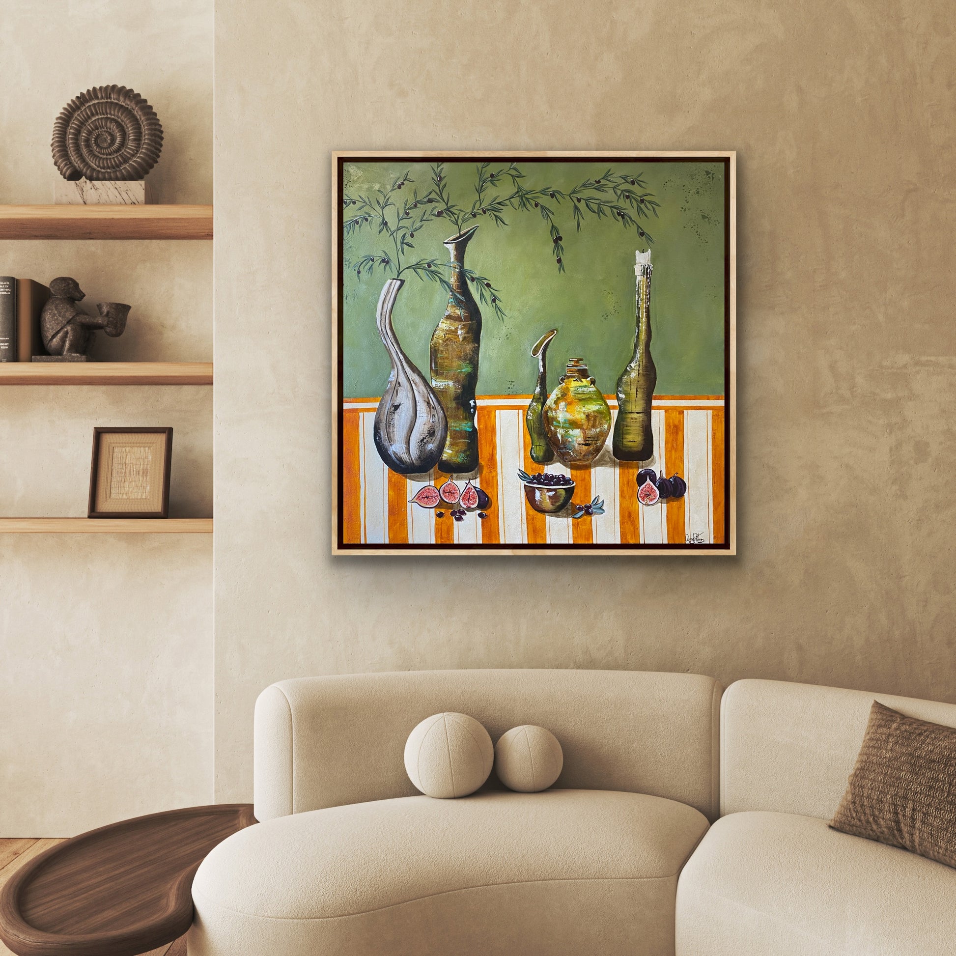 A Ltd Edition print featuring aged bottles and vessels on a striped tablecloth with figs and olives, in greens, golds, rich sienna. By Wendy Peters