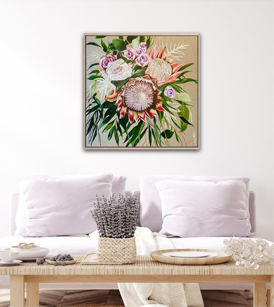 A Ltd Edition print of a bouquet of flowers with pink protea, white and lilac roses and green leaves on a neutral background.
