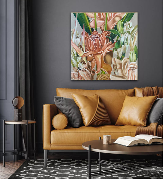 A painting  of ginger flowers in peach, white and light sienna on a natural linen background by Wendy Peters