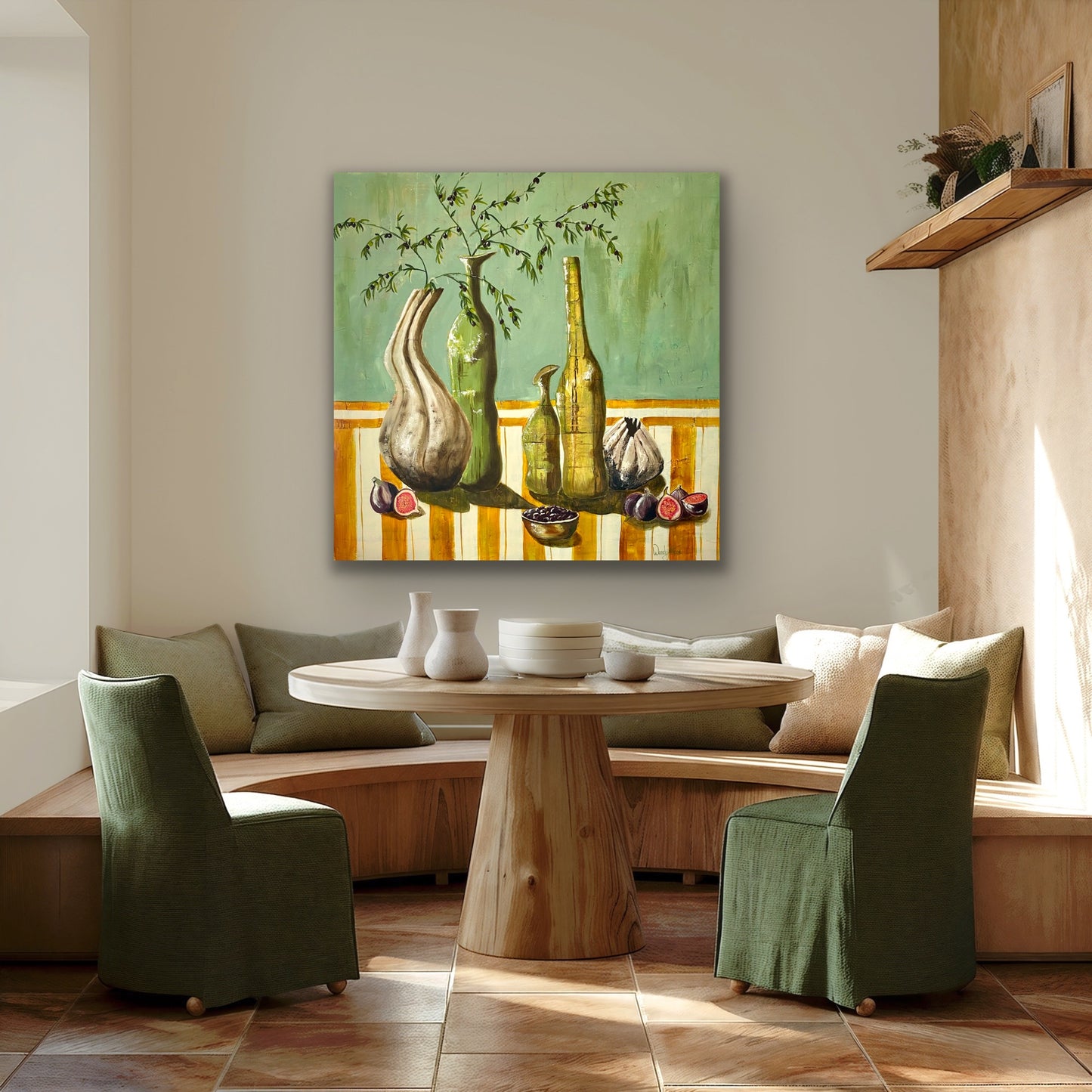 A Ltd Ed print inspired by the mediterranean, old bottles, and olive branch, figs and olives on a striped table cloth, in greens, ochres, red. By Wendy Peters