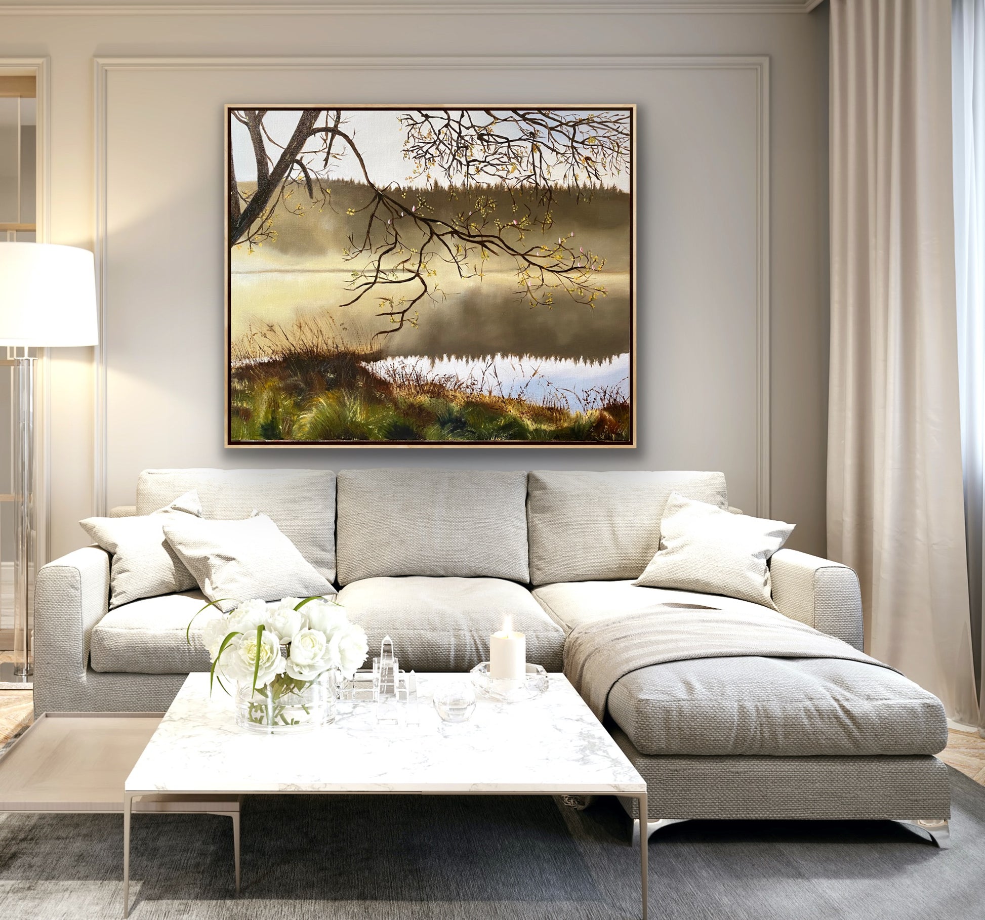 Ltd Edition print of misty landscape with reflections in a river, grasses and a tree in the foreground by Wendy Peters
