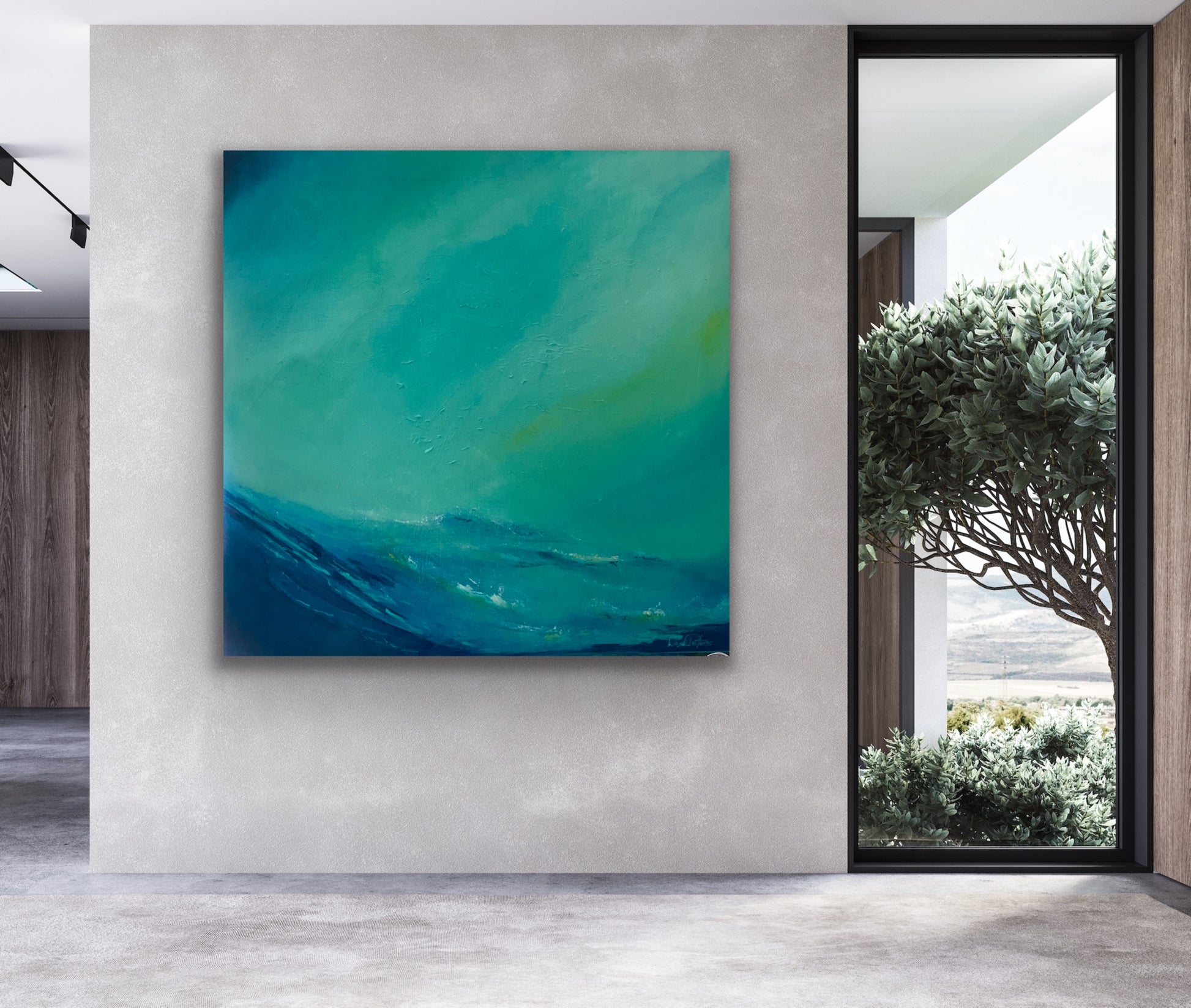 Ltd Edition print of abstract ocean waves with sky in many shades of blue and turquoise by Wendy Peters