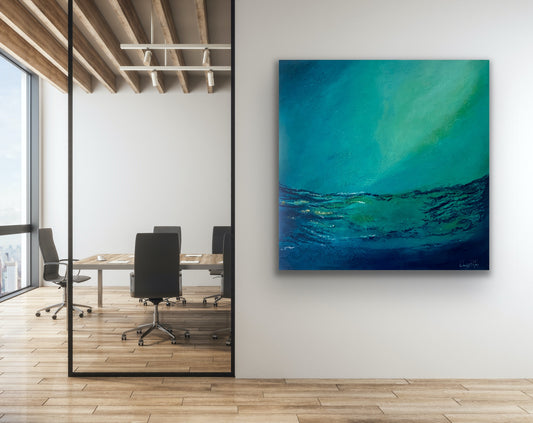 A Limited Edition print of abstracted ocean waves in shades of deep blue, turquoise and green by Wendy Peters