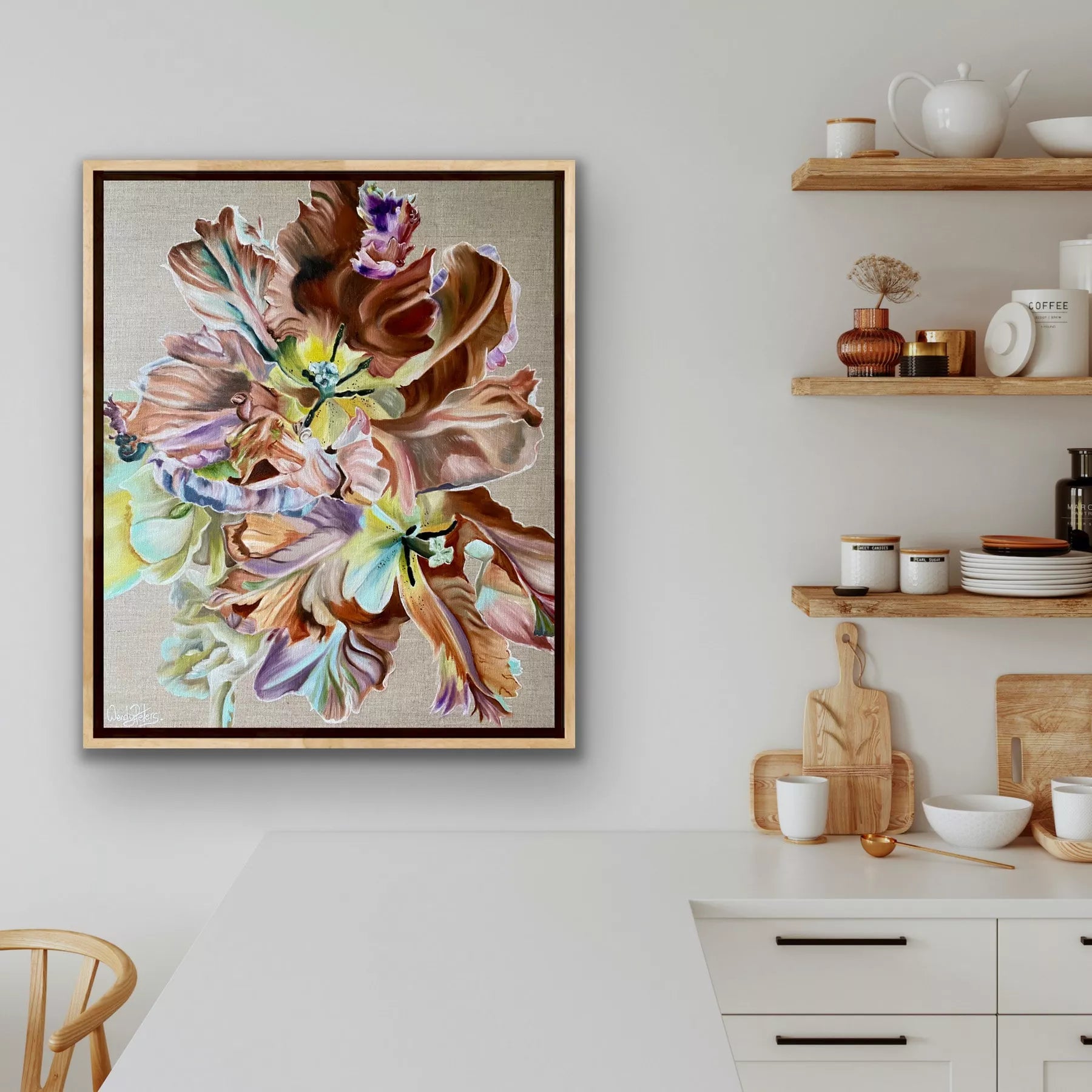 A vibrant limited edition print of a tulip, featuring a blend of purple, pink, brown, and green petals with a focus on the flower's detailed structure.