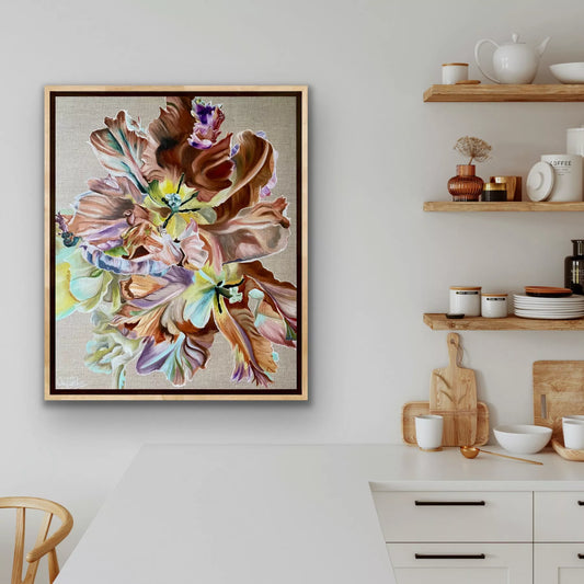 A vibrant limited edition print of a tulip, featuring a blend of purple, pink, brown, and green petals with a focus on the flower's detailed structure.