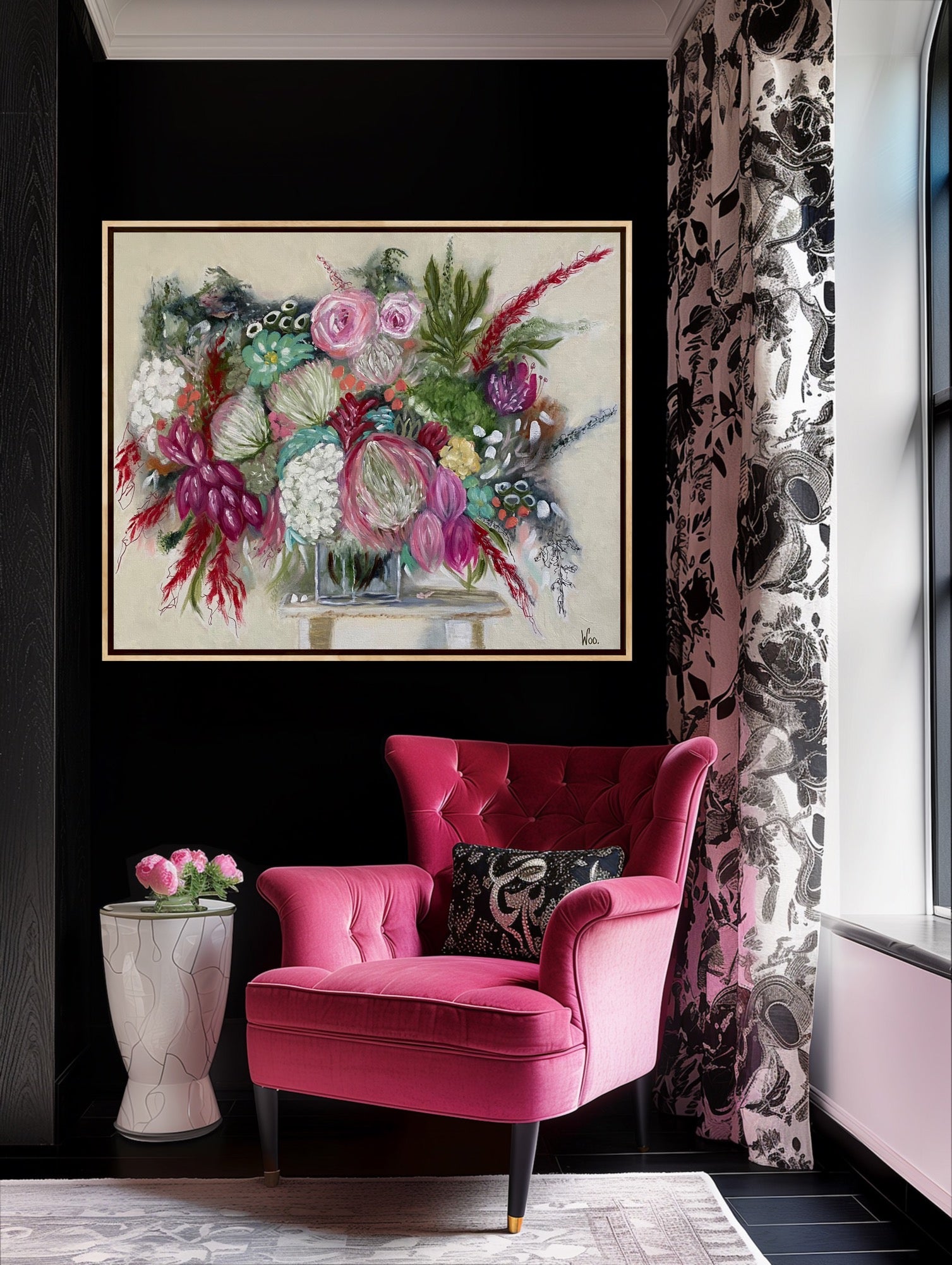 A Ltd Edition print of a vase of overflowing flowers, in pinks, magenta, green and turquoise on old white stool. By Wendy Peters