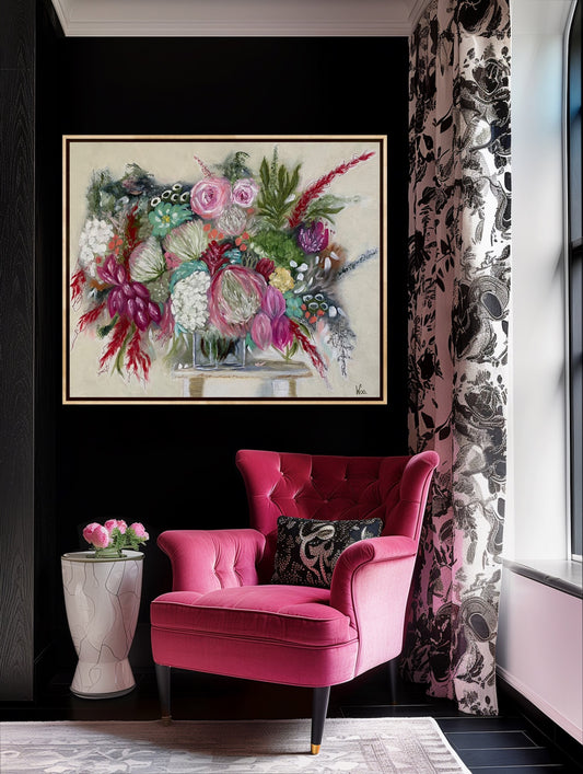 A Ltd Edition print of a vase of overflowing flowers, in pinks, magenta, green and turquoise on old white stool. By Wendy Peters