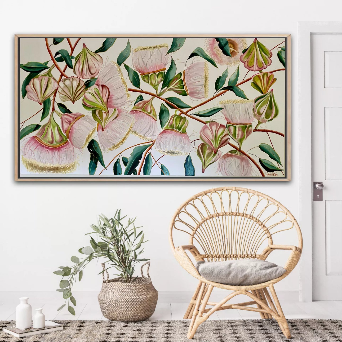 A limited edition print featuring a detailed and colourful artistic representation of pink gum nut flowers and leaves on a neutral background
