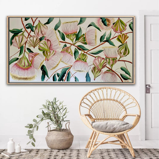 A limited edition print featuring a detailed and colourful artistic representation of pink gum nut flowers and leaves on a neutral background