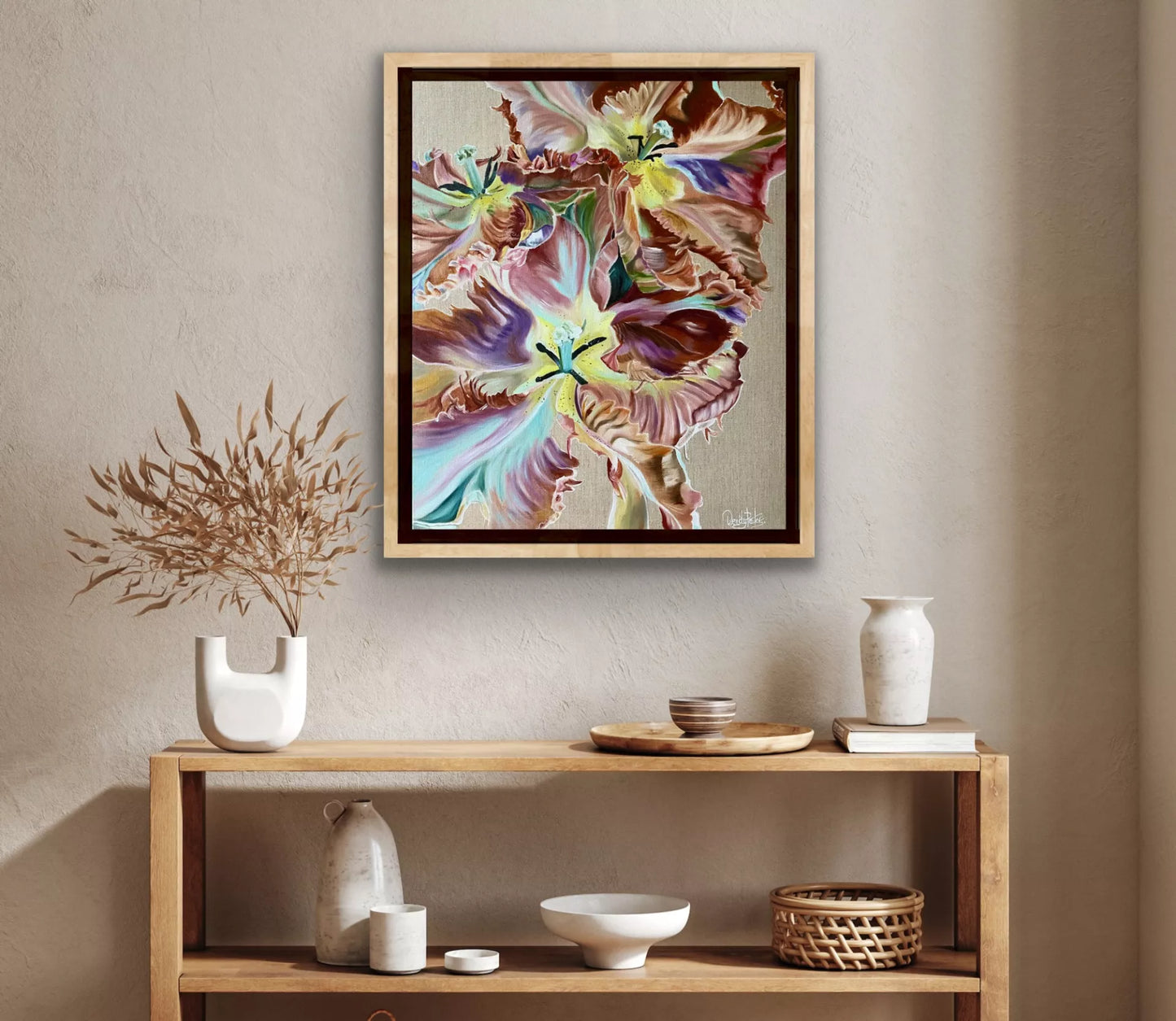 A Ltd Edition print of 3 beautiful tulips fully opened to reveal curling petals of turquoise, lilac and burnt sienna, by Wendy Peters