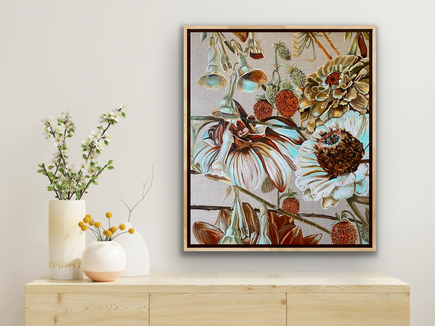 A painting of wildflowers in ochres,burnt sienna and turquoise on a natural linen background by wendy peters