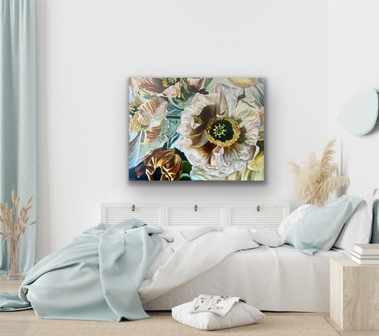 Limited Edition Print of close-up of a detailed painting of poppies with a focus on a large, intricate detailed pale pink poppy, hints of turquoise and burnt sienna by Wendy Peters.