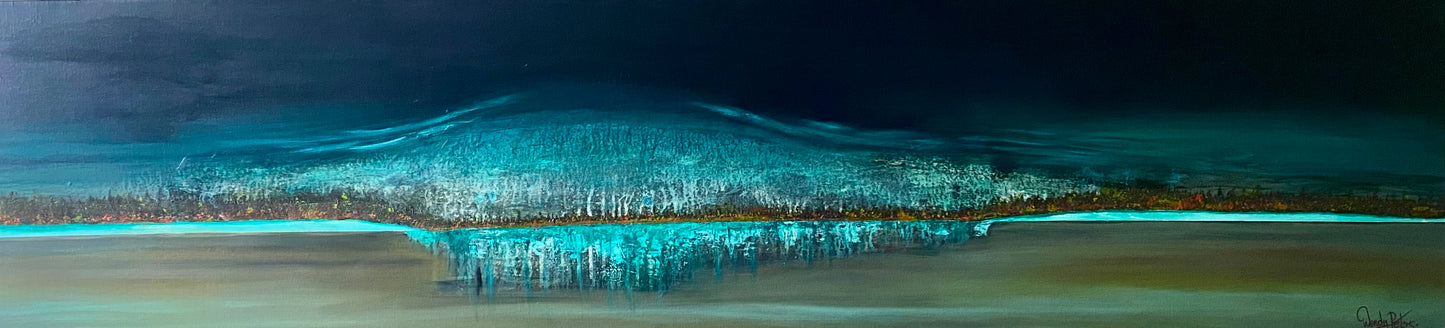 Painting of a Panoramic view of a coastal landscape at night with a large illuminated rain cloud, in turquoise, dark blue and green. Mixed Media. By Wendy Peters