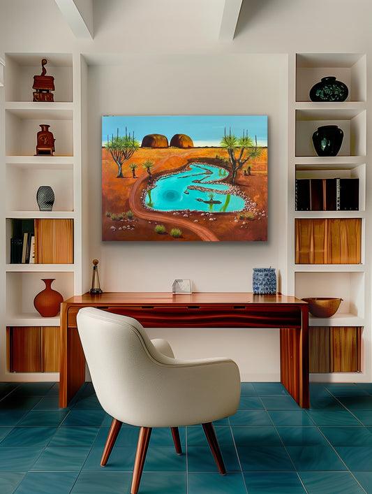 A Mixed Media textured painting of dramatic  red desert a turquoise billabong with grass trees by Wendy Peters