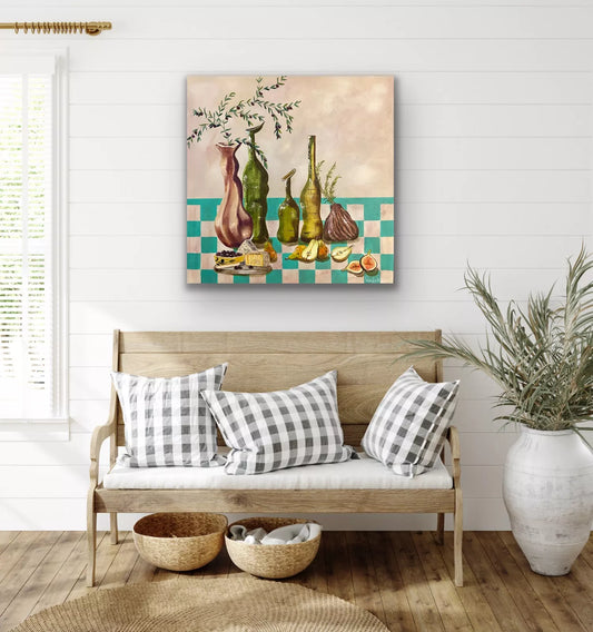 A Mixed Media textured painting of a collection of old vessels one with an olive branch in it a cheeseboard, pears and figs by Wendy Peters