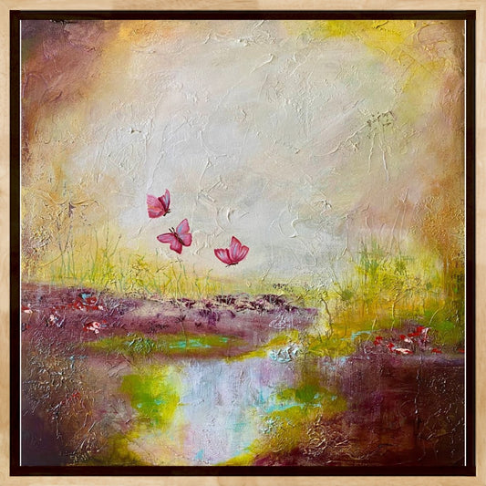 Abstract painting by wendy peters of a fantasy sunlit lake with pink butterflies drifting above