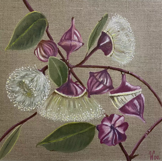 A painting on linen canvas featuring detailed depiction of gum nuts and leaves with a predominantly purple and green color palette. by Wendy Peters