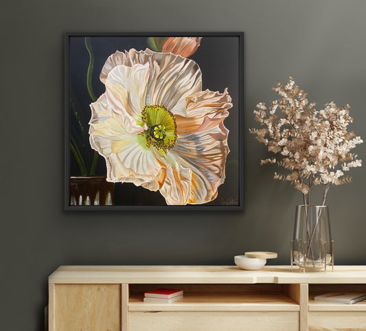 original oil painting of a single open poppy showing is dramatic pleated petals in shades of pink, sienna, green and brown in a ceramic vase on a dark background by Wendy Peters