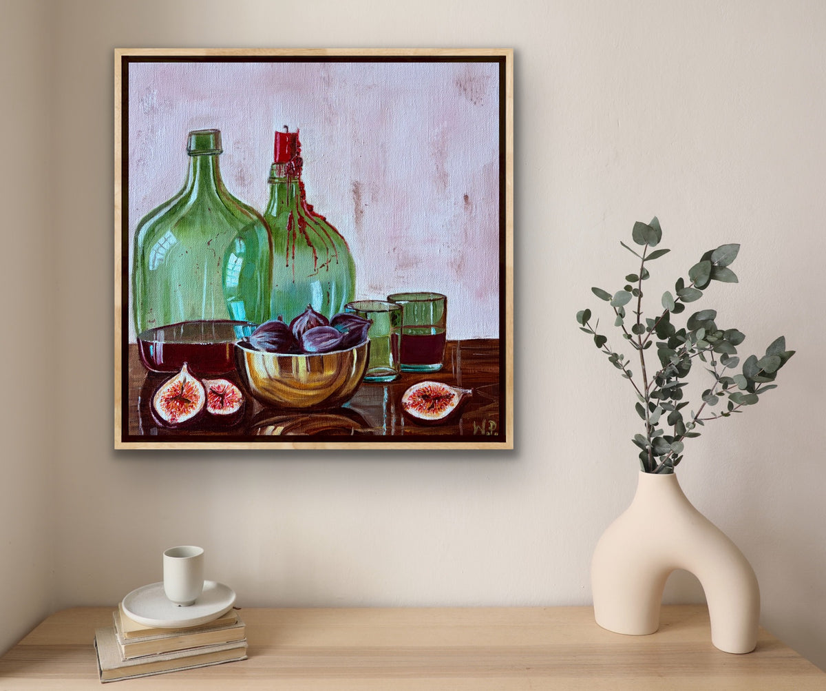 An original painting of traditional green glass demijohns, the dramatic drip of red candle wax, and the warm, earthy tones of fresh figs and polished brass. By Wendy Peters