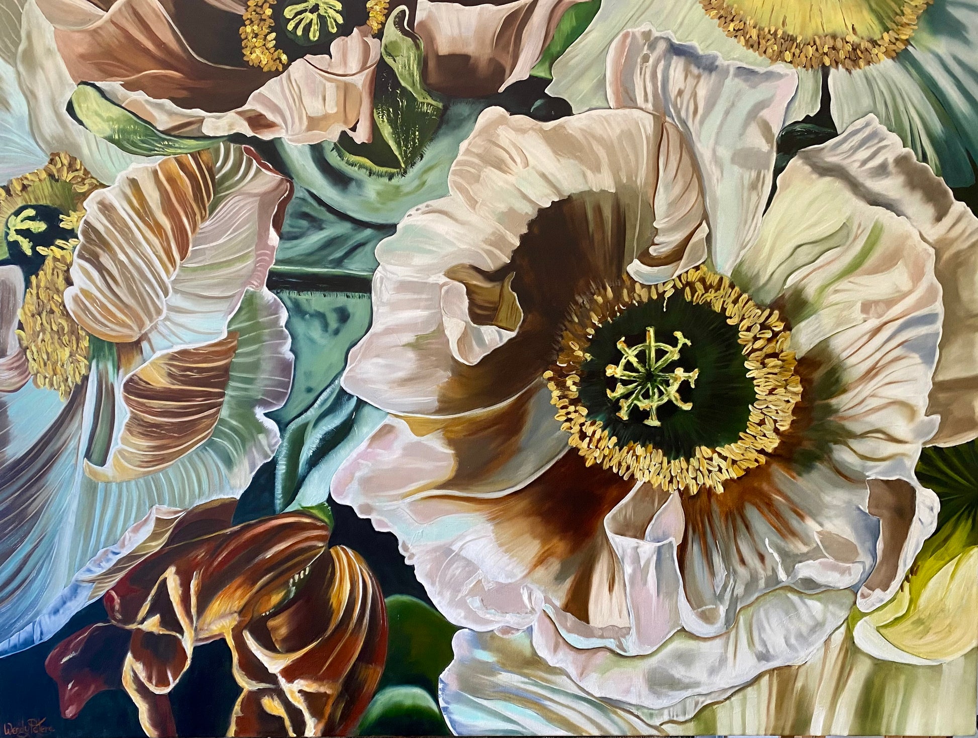 Close-up of a detailed painting of poppies with a focus on a large, intricate detailed pale pink poppy, hints of turquoise and burnt sienna by Wendy Peters.