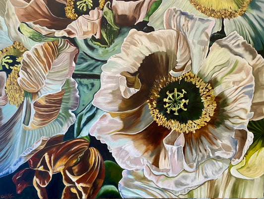 Close-up of a detailed painting of poppies with a focus on a large, intricate detailed pale pink poppy, hints of turquoise and burnt sienna by Wendy Peters.