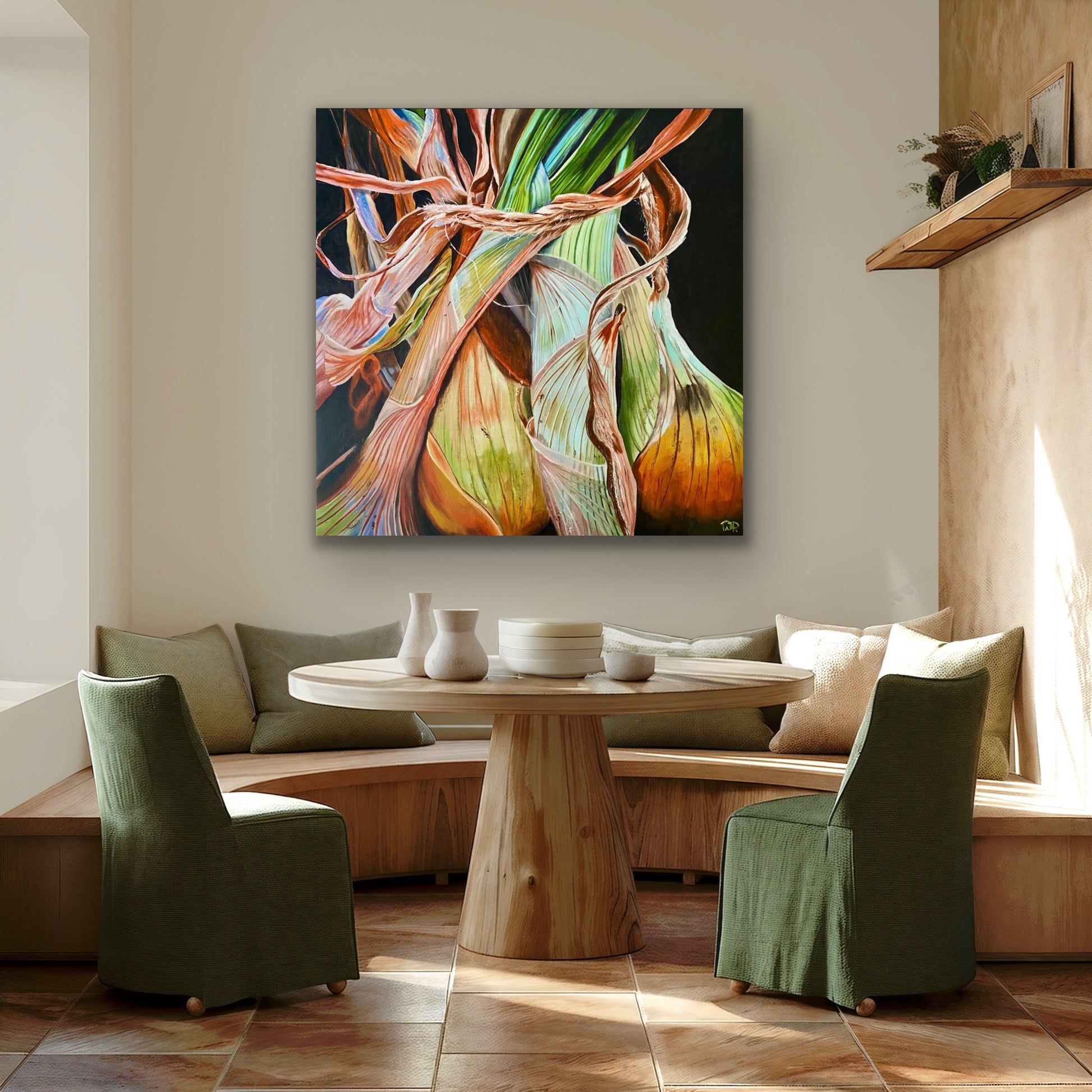 A close focus painting of a bunch of spring onions tied with string using luminous colour pallet of green, orange and turquoise on a dark background. By Wendy Peters