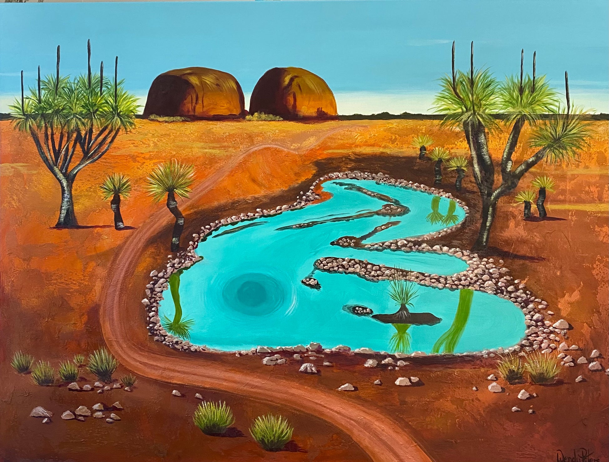 Outback painting by Wendy Peters of the red desert a bright turquoise billabong and native grass trees
