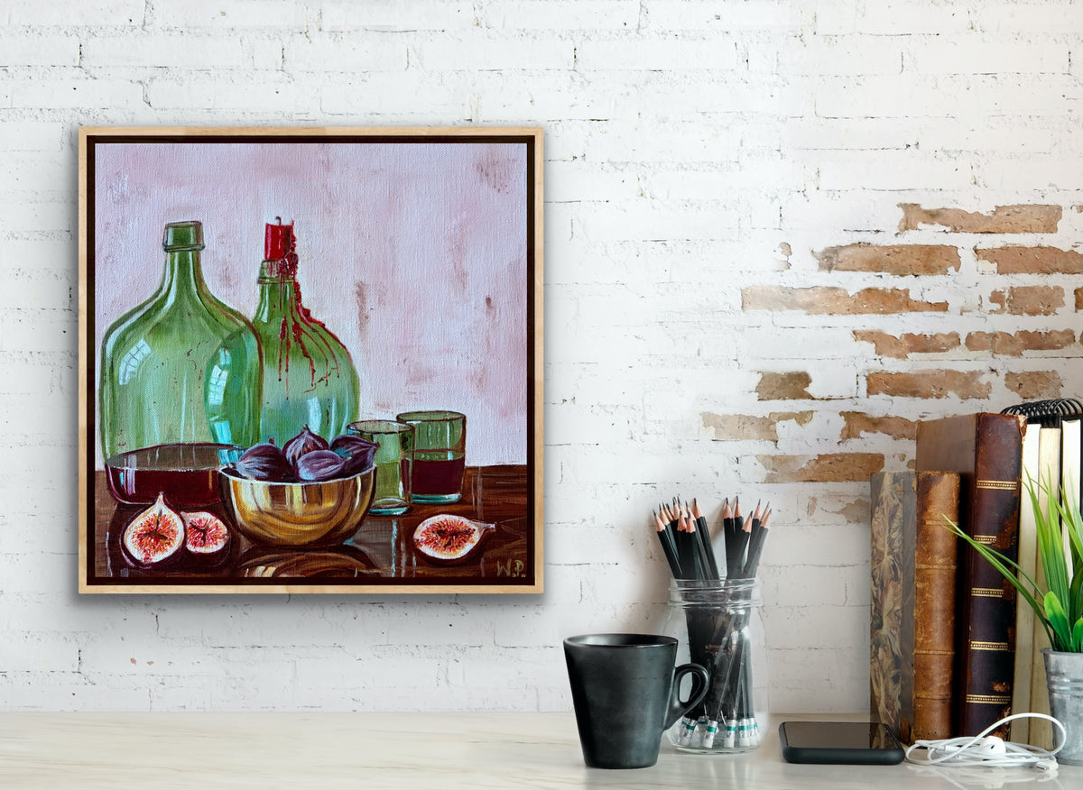 An original painting of traditional green glass demijohns, the dramatic drip of red candle wax, and the warm, earthy tones of fresh figs and polished brass. By Wendy Peters