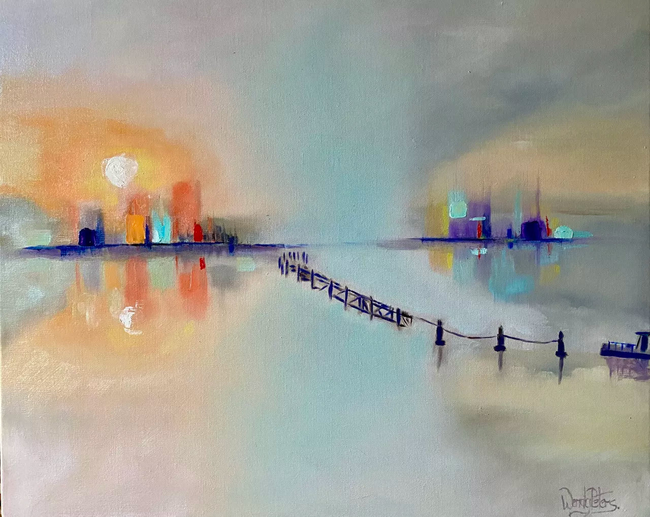 An oil on stretched linen canvas painting depicting a misty morning scene with buildings across the river, with aOrange, purple, blue, and pink hues creating a serene atmosphere. By Wendy Peters