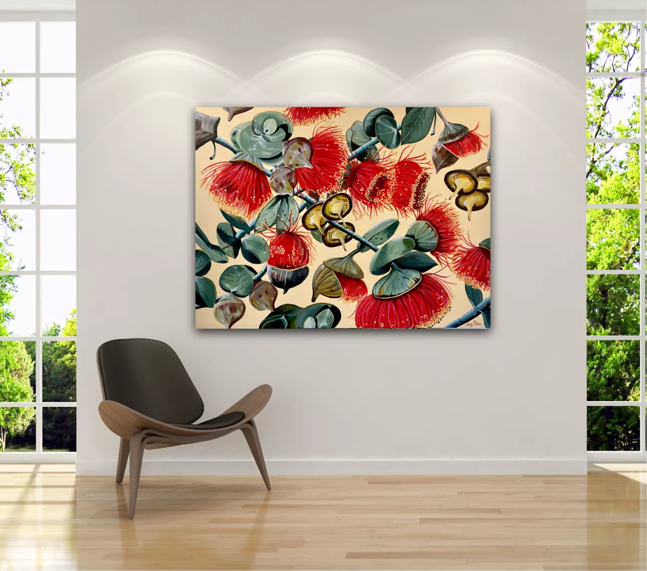 original acrylic painting of red gum nut flowers and gum nuts on green blue leaves on a cream background