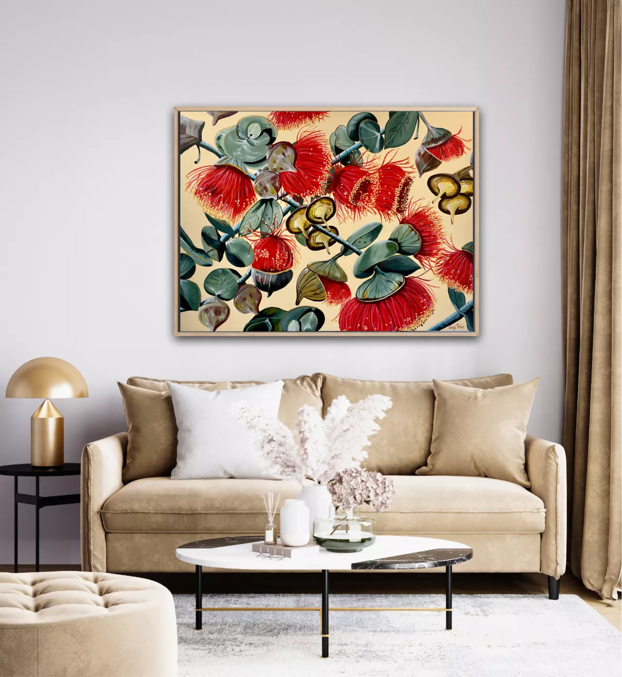original acrylic painting of red gum nut flowers and gum nuts on green blue leaves on a cream background