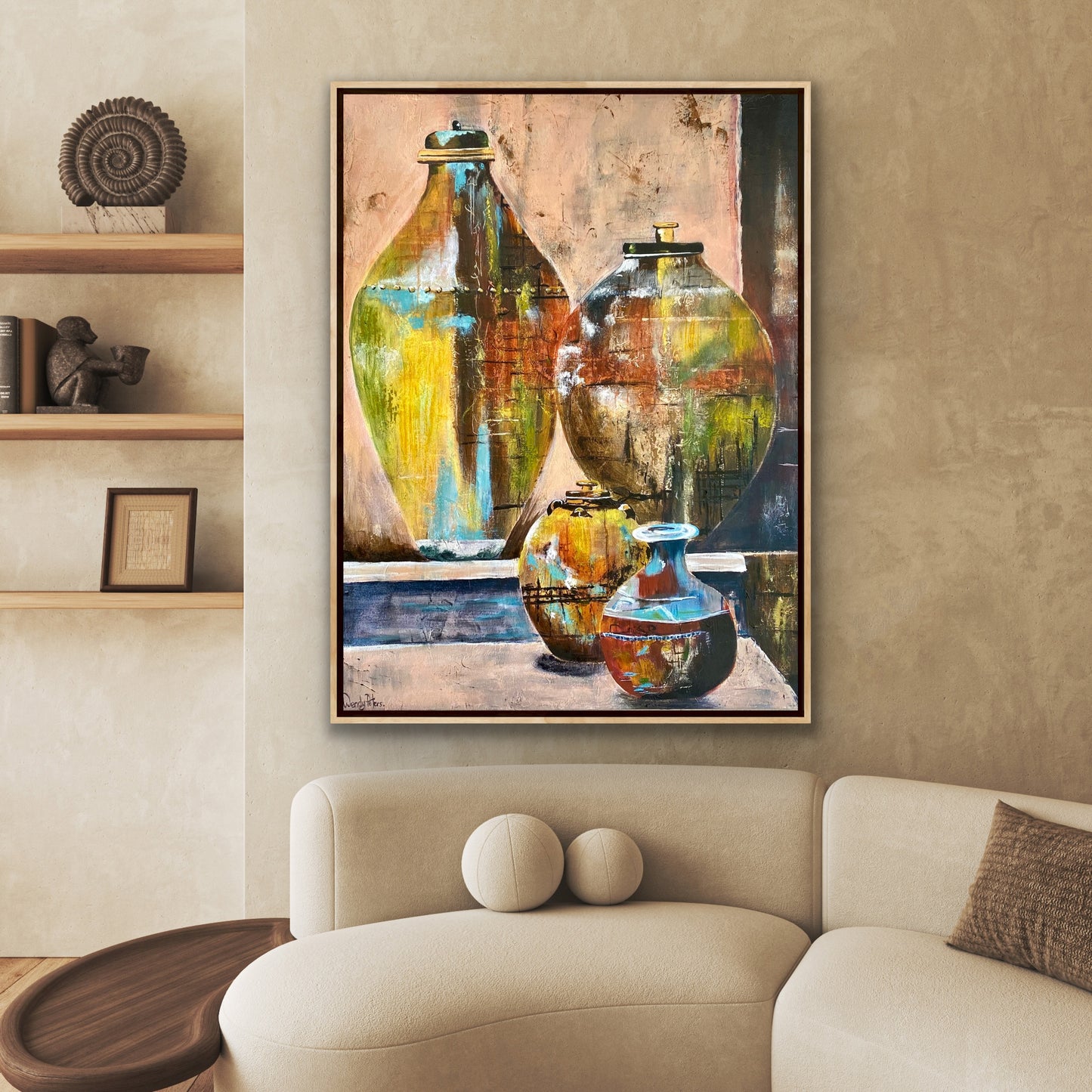 Painting of four aged vessels in ochre, turquoise, green and brown against a faded pink plaster wall by wendy peters