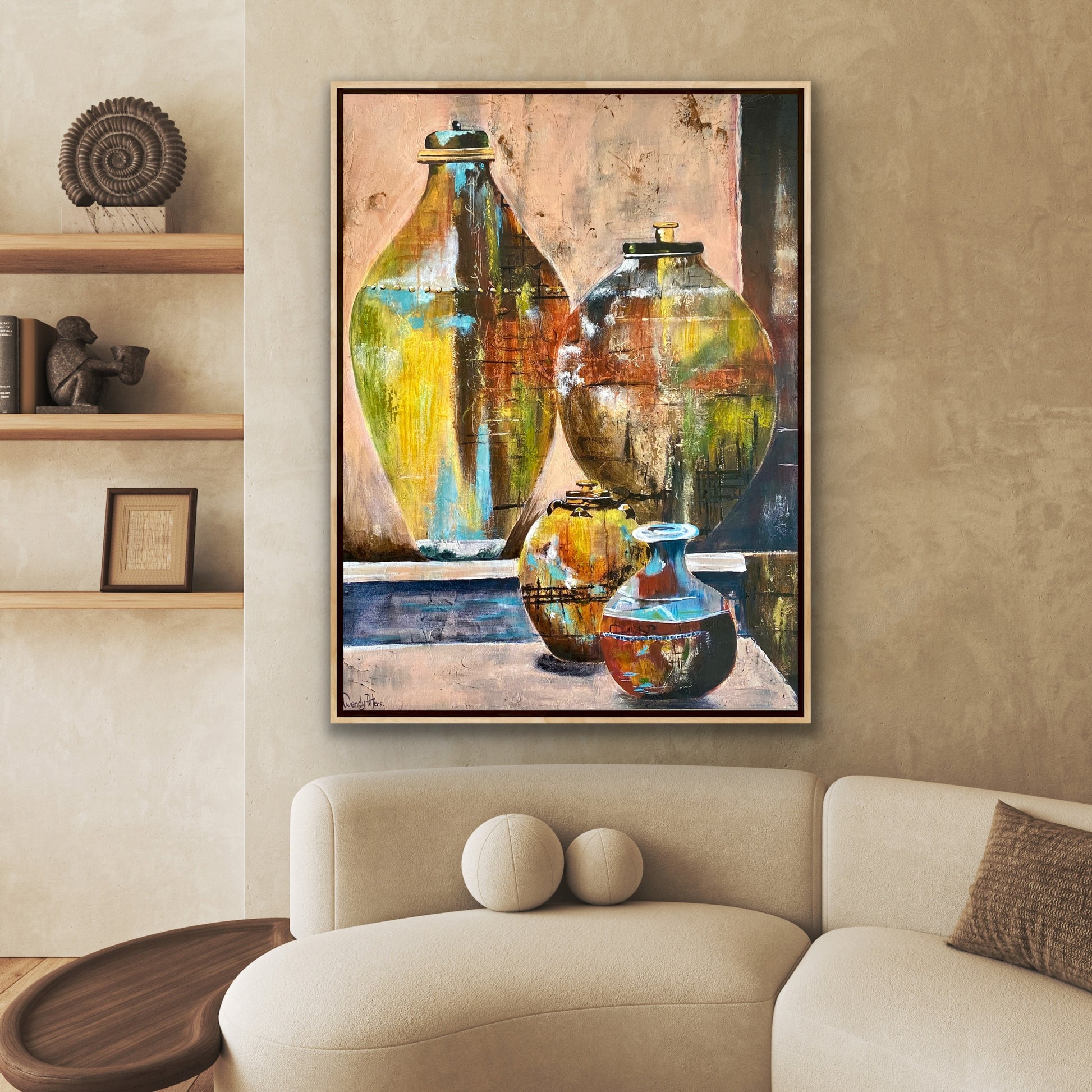 Painting of four aged vessels in ochre, turquoise, green and brown against a faded pink plaster wall by wendy peters